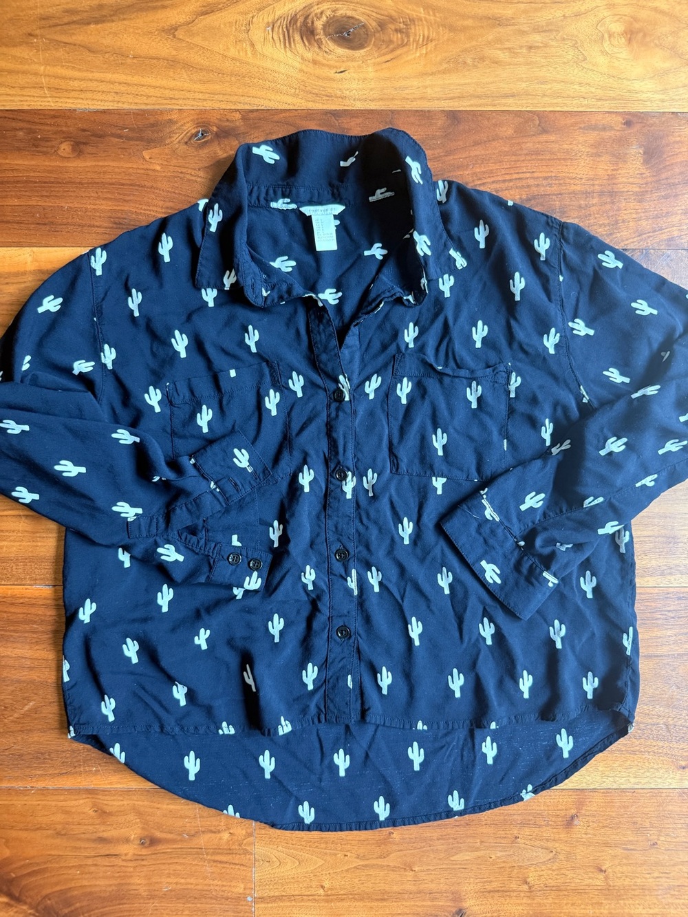 Forever 21 Navy Button-Up Blouse with Mint Cactus Print